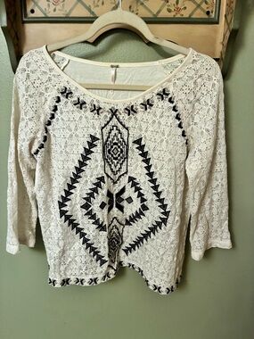 Free People Cream Lace Long Sleeve Top with Black Embroidered Geo Detail